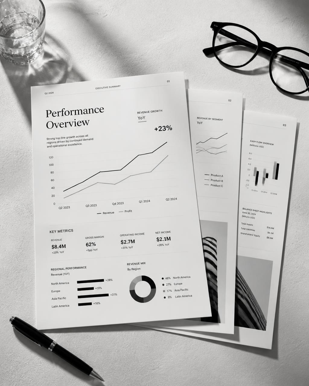 Printed monthly analytics report pages with performance graphs